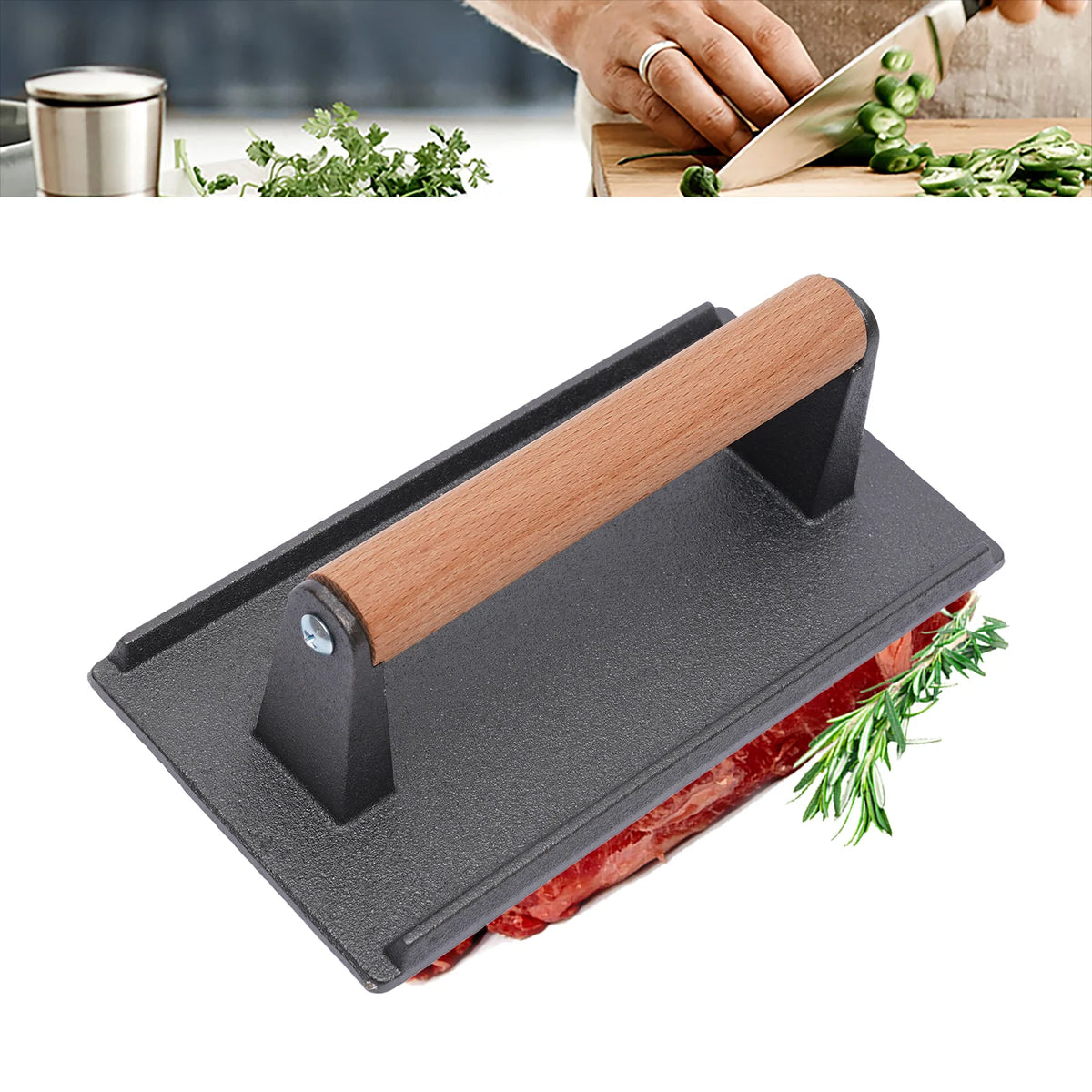 Cast Iron Burger & Steak Press with Wooden Handle – Heavy Duty Grill Press with Ridged Base – Great for Smash Burgers, Steaks & Paninis (21 x 10.5cm)