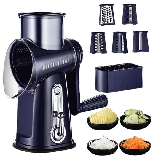5-in-1 Rotary Cheese Grater – Multifunctional Slicer & Shredder with Easy-to-Swap Stainless Steel Interchangeable Rotating Drum Blades for Effortless Kitchen Prep