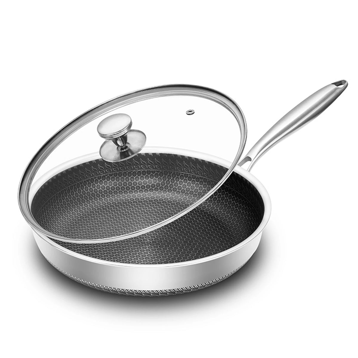 Honeycomb 316 Stainless Steel Non-Stick Frying Pan with Lid – Multi-Layer Clad Induction Skillet – Best for Eggs, Fish & Searing (30cm)