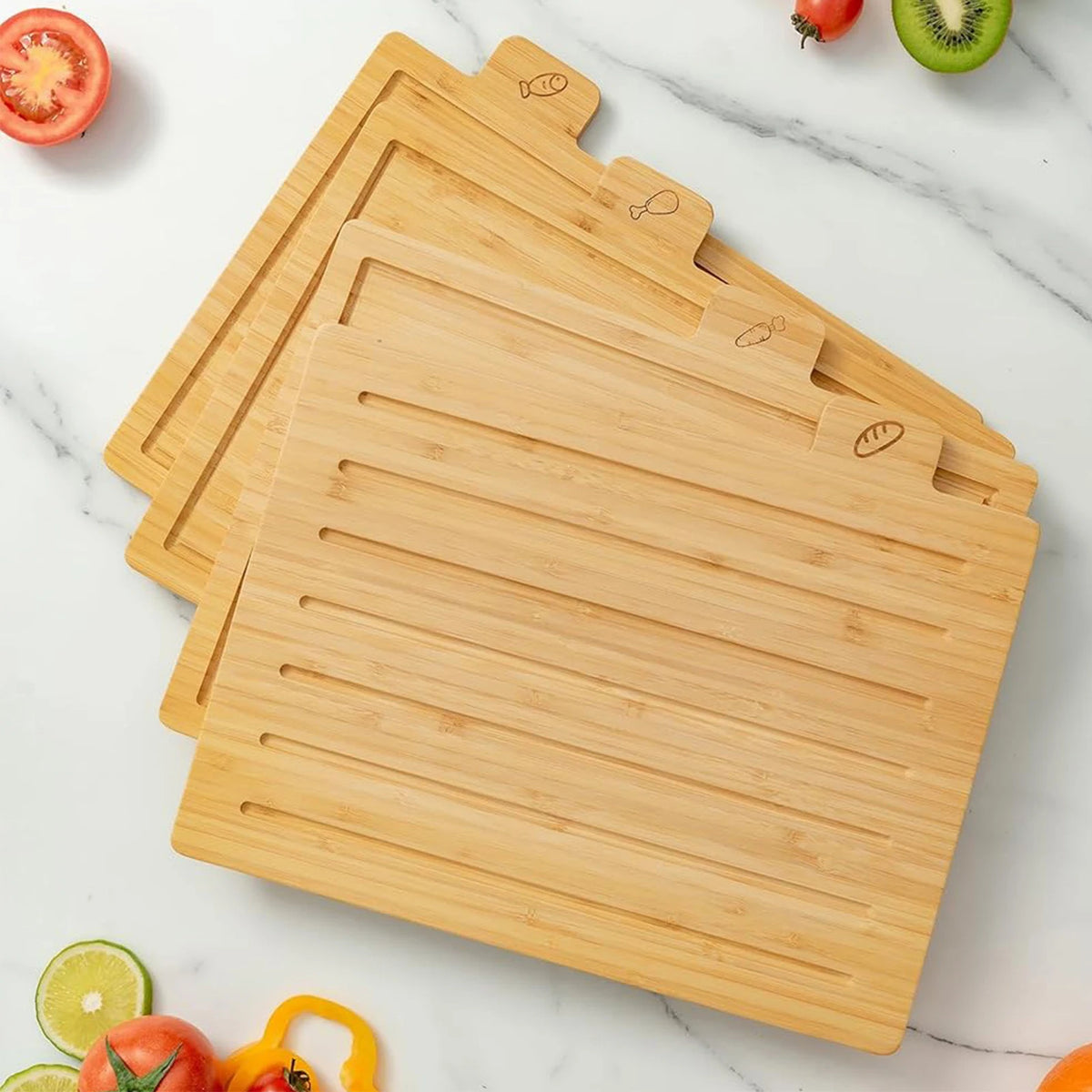 Bamboo Chopping Boards with Food Symbols – Set of 4 with Storage Rack & Juice Grooves – Great for Meat, Veg, Fruit & Fish United Kingdom