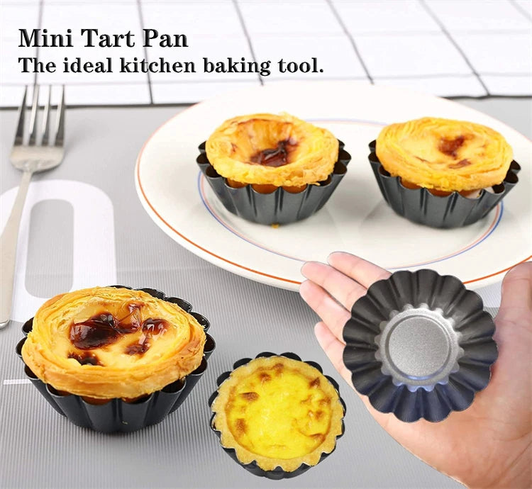 Non-Stick Carbon Steel Mini Tart Pans – Fluted Egg Tart & Muffin Tins – Perfect for Tarts, Quiches, Pies & Desserts – Available in 4, 8 & 12 Pieces