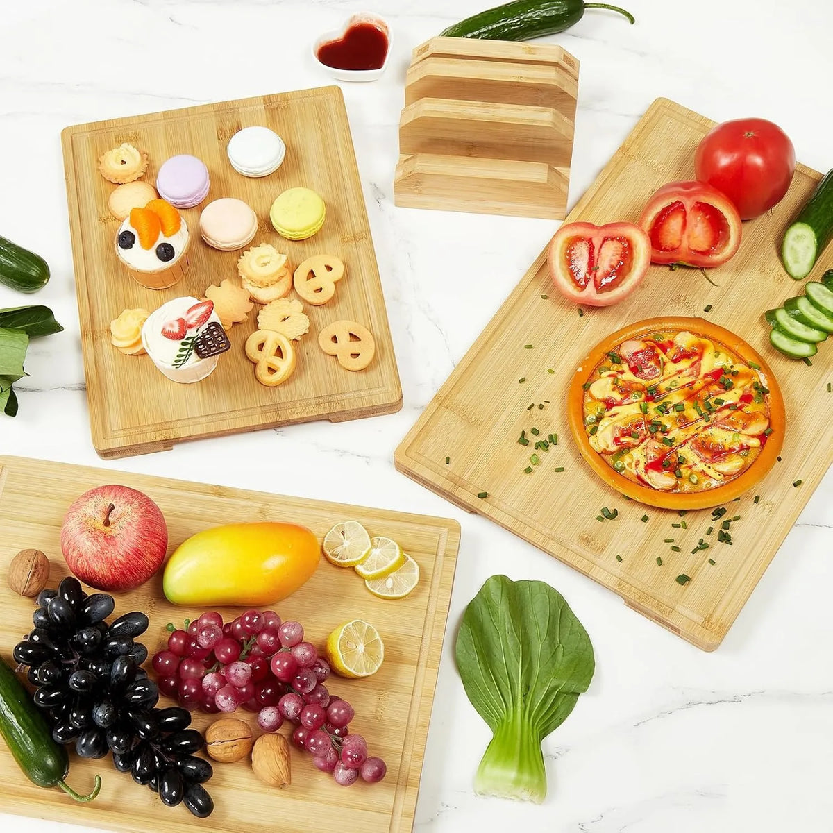 3 Piece Bamboo Chopping Board Set with Storage Stand – Wooden Boards with Handles & Juice Grooves – Best for Meat, Veg & Fruit
