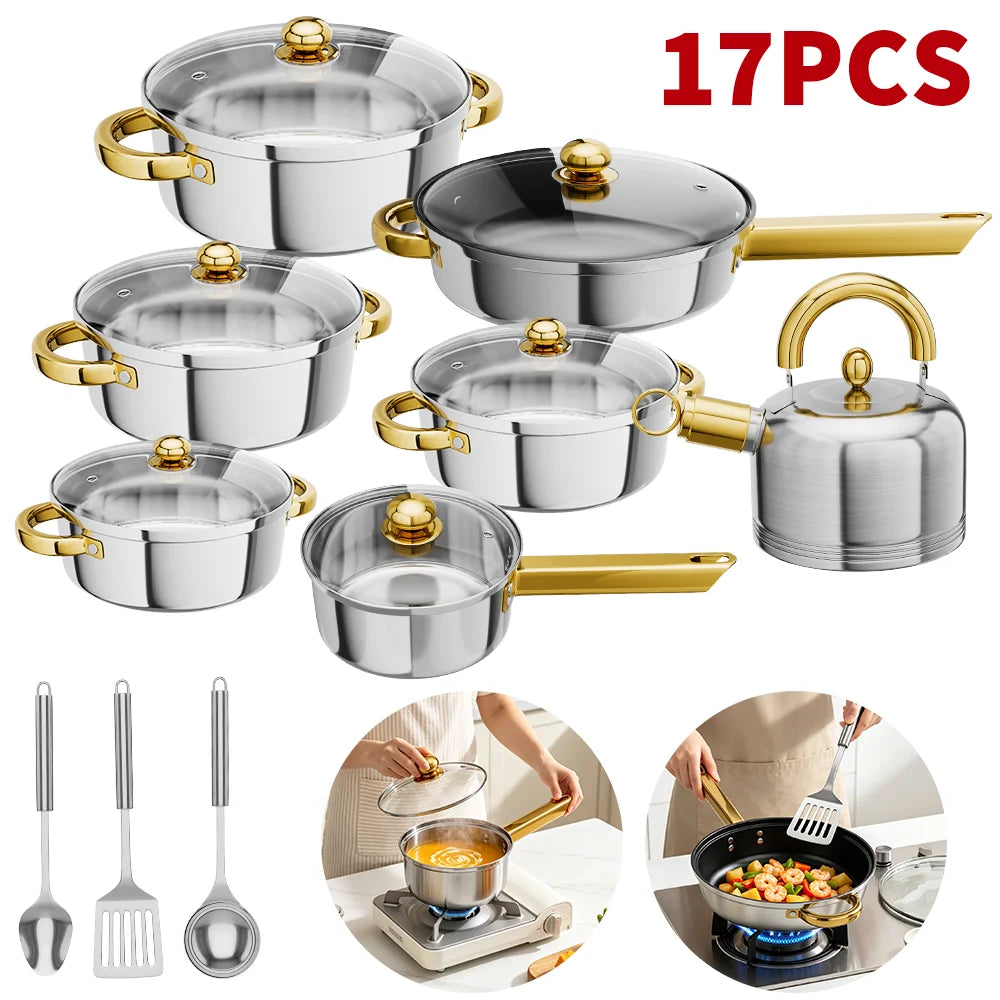 Stainless Steel Cookware Set with Kettle & Non-Stick Pan – Thickened Stockpots 18cm to 24cm with Lids – Ideal for All Hobs – Available in 14 & 17 Piece Sets
