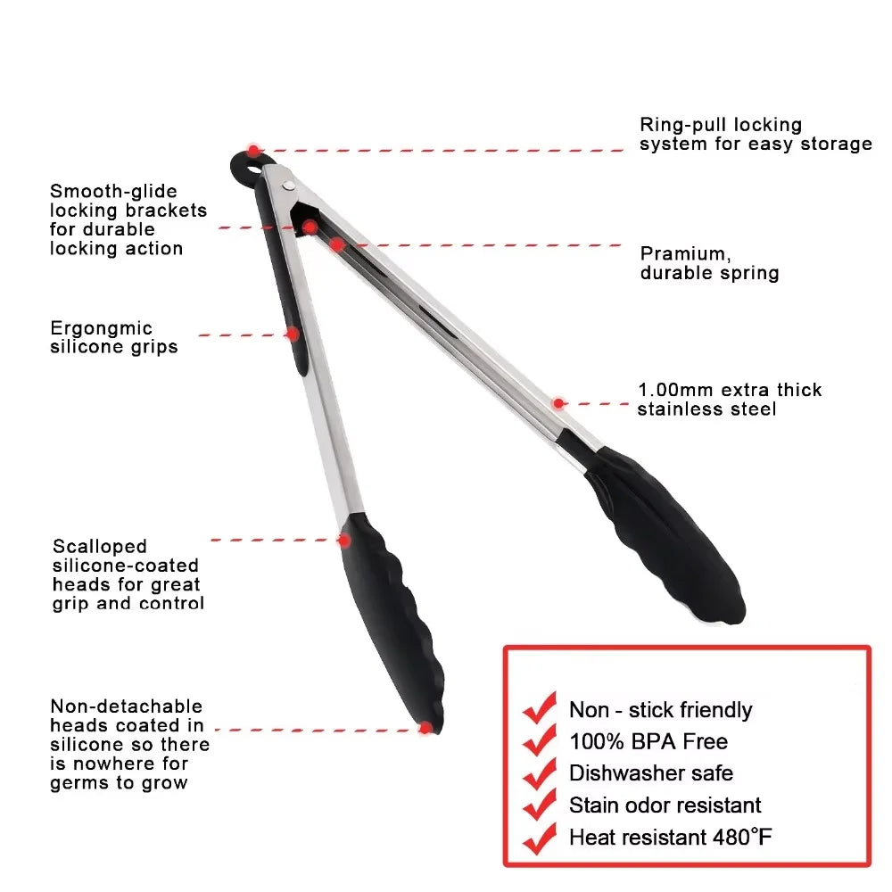 Locking Silicone Kitchen Tongs with Stainless Steel Handles – Non-Stick BBQ & Cooking Tongs – Best for Grilling, Frying & Serving – Available in Black & Red, 9 or 12 Inch