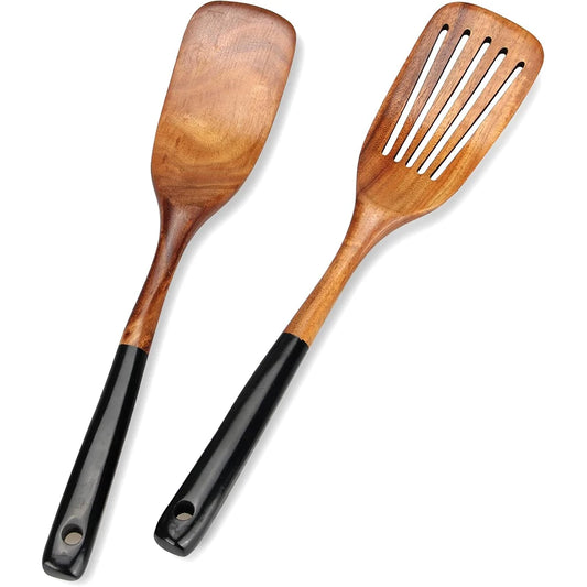 2 Piece Acacia Wood Long Handle Spatula Set – Flat Wooden Frying Turners & Wok Spatulas – Perfect for Stir-Frying, Sautéing & Serving – Available in Light Gold & Black Colours
