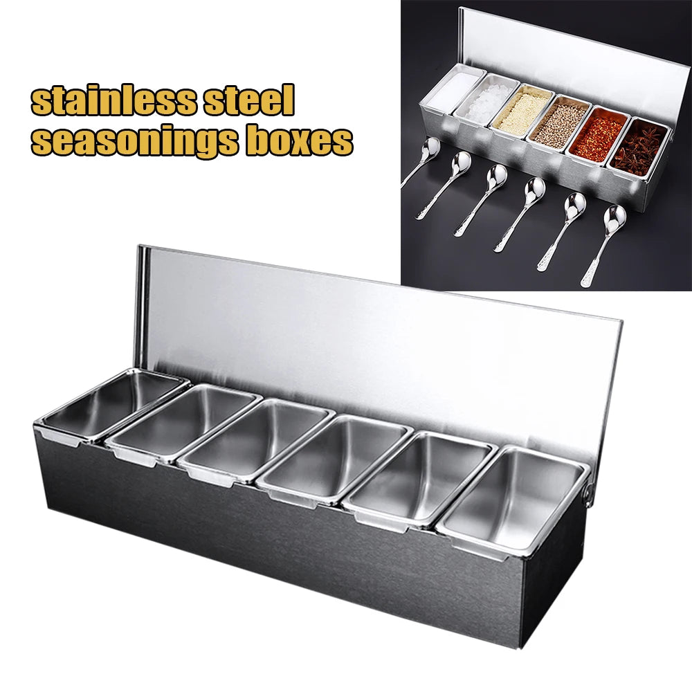 Stainless Steel 6-Compartment Seasoning Box with Lid