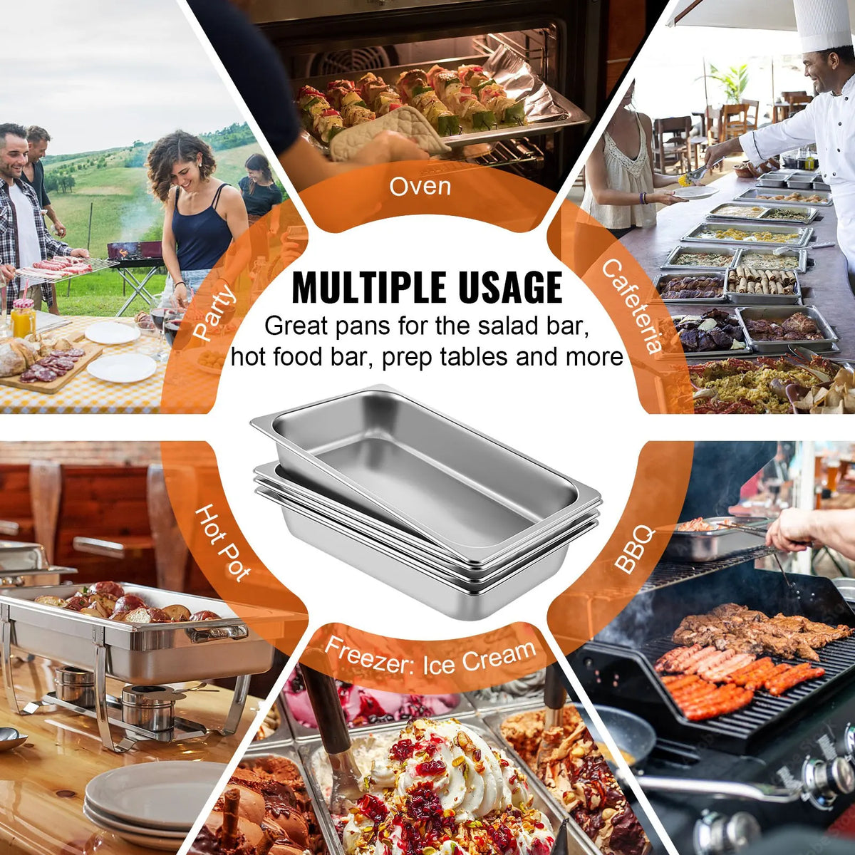 6 Pack Full Size Stainless Steel Steam Table Pans – Deep 13L Hotel & Gastronorm Food Pans – Great for Catering, Buffets & Oven Cooking