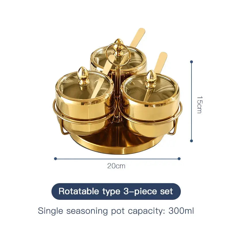 Luxury Golden 304 Stainless Steel Seasoning / Condiment Pot Set with Tempered Glass Lids, Matching Spoons & Storage Rack – Elegant Spice Containers with Food-Grade Coating – Ideal for Salt, Sugar, Spices & Condiments Rotation type 3