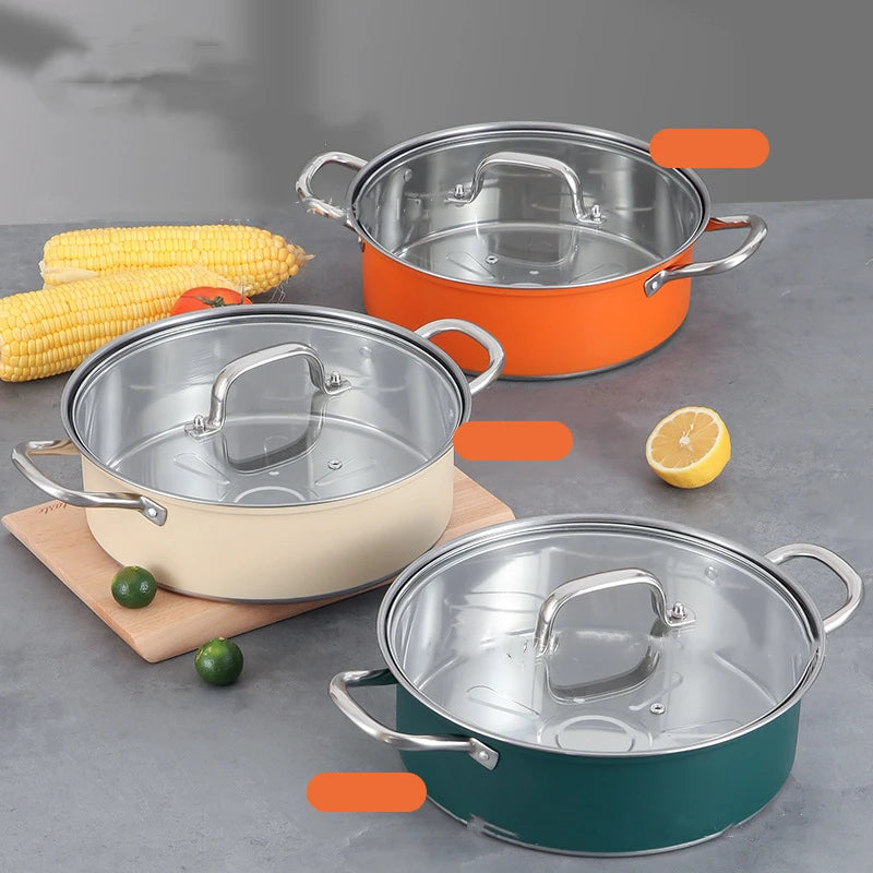 28cm Colorful Stock Pot with Glass Lid Premium Stainless Steel Stew Pot Induction Compatible Thick Cooking Pot for Soup Pasta
