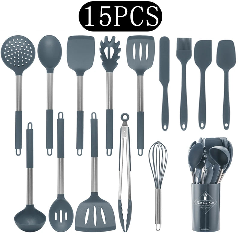 Silicone Kitchen Utensils Set with Stainless Steel Handles – Non-Stick, Heat-Resistant Cooking  Kitchen Utensils for Everyday Cooking & Baking, Available in 4 Colours & Multiple Set Sizes