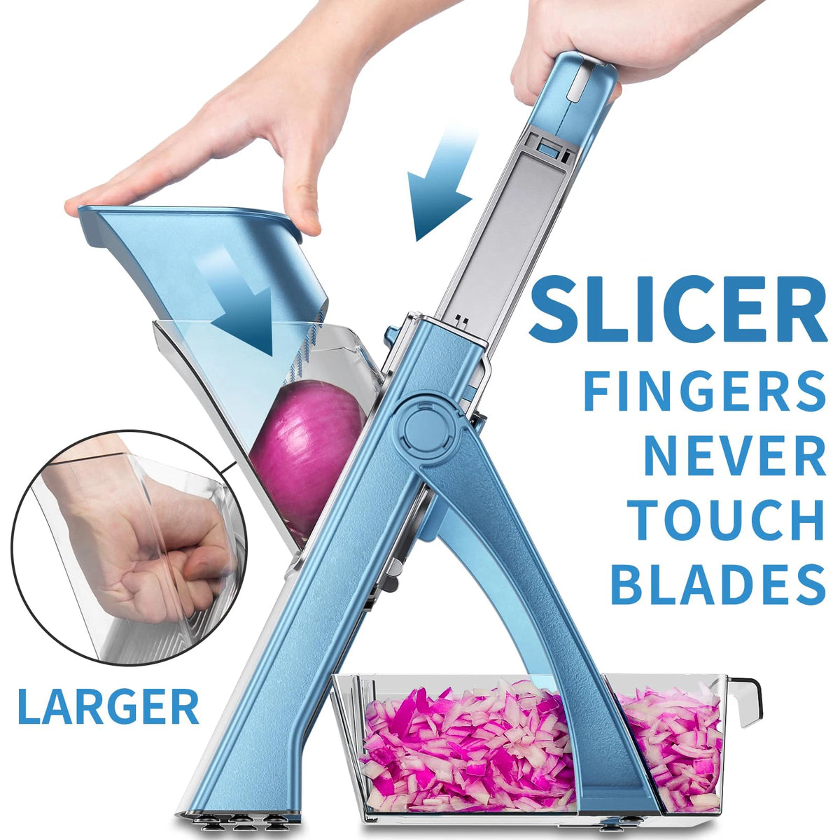 Hand-Safe Vegetable Slicer – Adjustable 0.1–8mm Mandoline, Dicer & Julienne Cutter with Auto-Return Handle – Great for Safe, Speedy Meal Prep