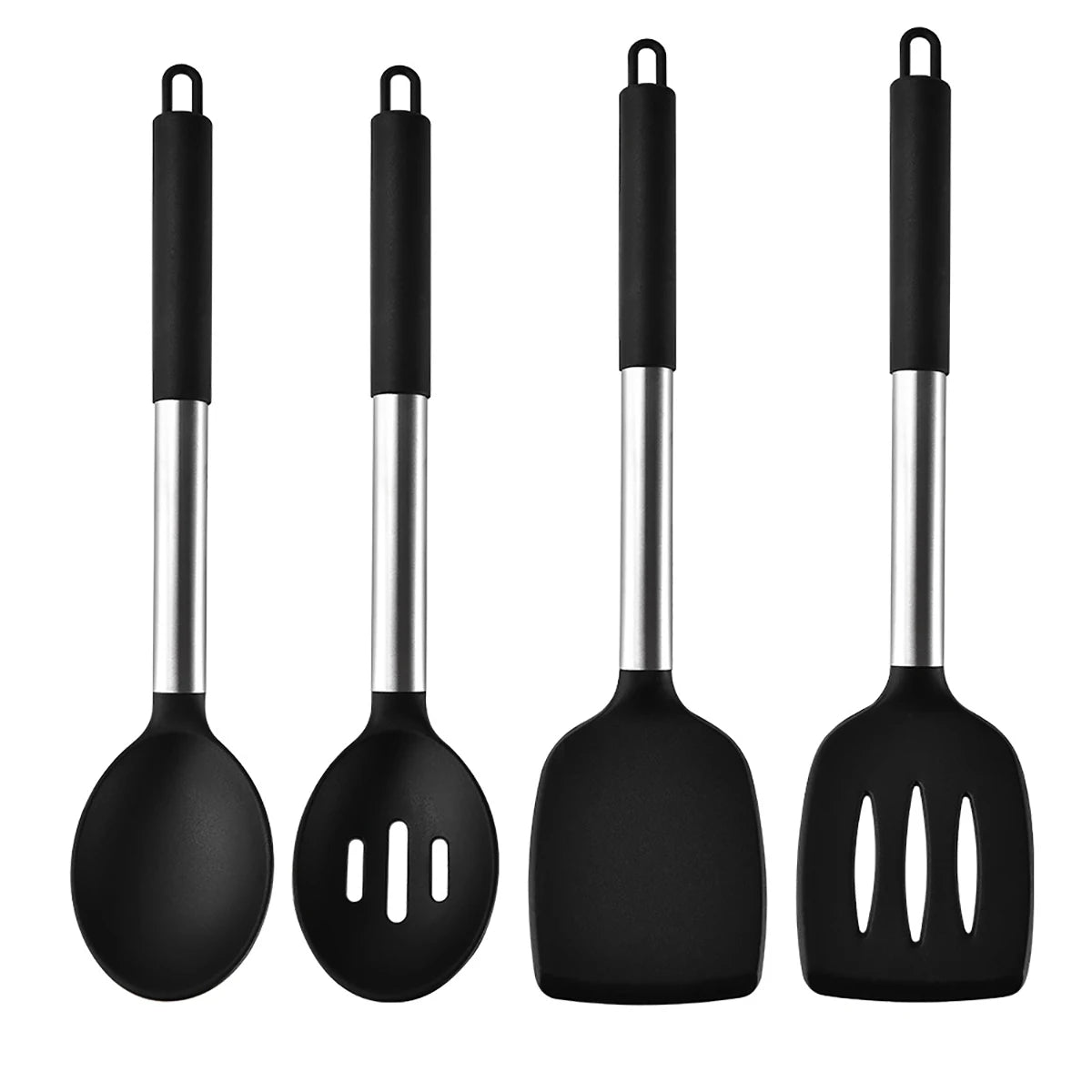 Silicone Kitchen Utensils Set with Stainless Steel Handles – Heat-Resistant & Safe for Non-Stick Cookware – Ideal for Daily Cooking – Available in Multiple Colours & Various Piece Set Options