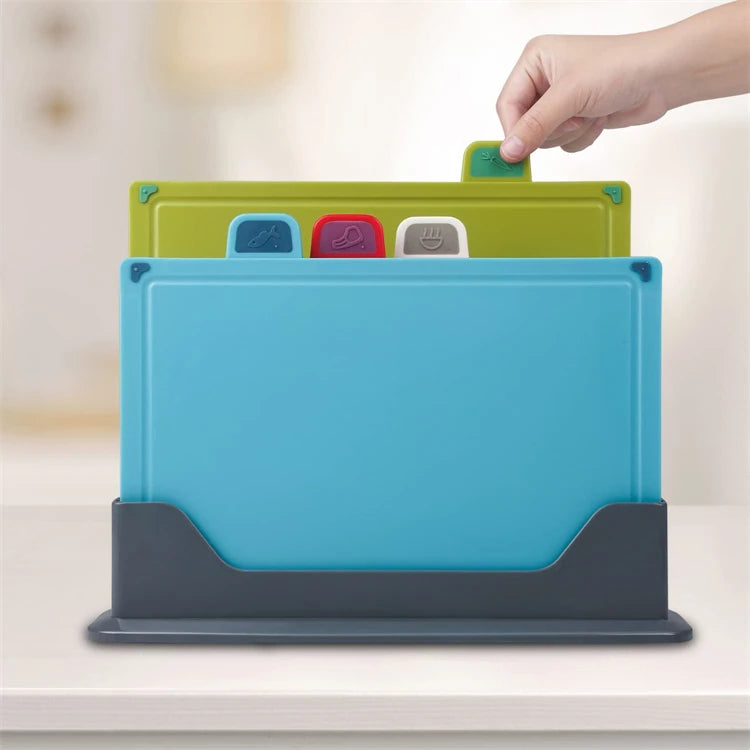 4 Piece Colour-Coded Plastic Chopping Board Set with Storage Stand – Thick Slip-Resistant Cutting Boards – Great for Meat, Fish, Vegetables & Fruit