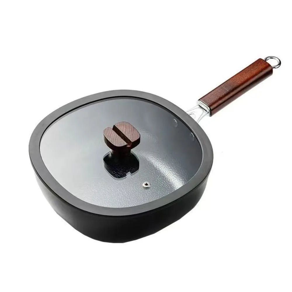 24cm Refined Iron Square Deep Frying Pan with Glass Lid & Wooden Handle – No Coating, Flat Bottom, Deep Wok-Style Stir Fry Pan, Great Cookware for Frying, Boiling, and Stir-Frying