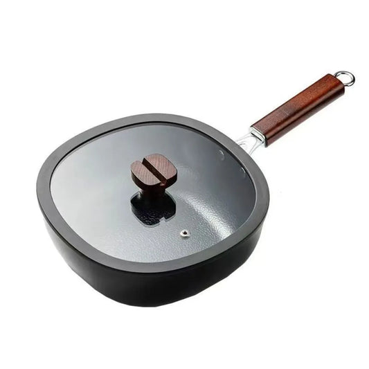 24cm Refined Iron Square Deep Frying Pan with Glass Lid & Wooden Handle – No Coating, Flat Bottom, Deep Wok-Style Stir Fry Pan, Great Cookware for Frying, Boiling, and Stir-Frying Black