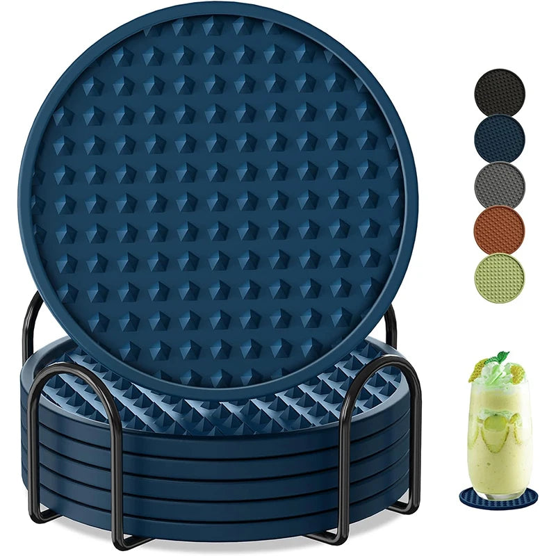 6 Pack Silicone Drink Coasters with Holder – Heat Resistant Non-Slip Cup Mats – Ideal for Protecting Tables & Worktops – Available in Black, Brown, Grey, Green, Blue & Sky Blue Colours