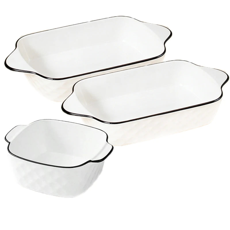 White Ceramic Baking Dish Set with Black Rim & Handles – Diamond Embossed Porcelain, Oven Safe, Great for Au Gratin, Casseroles, and Everyday Baking