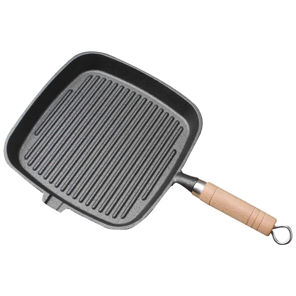 Cast Iron Skillet Frying Pan With Wooden Handle Uncoated Non Stick For Steak Camping Indoor Outdoor Use