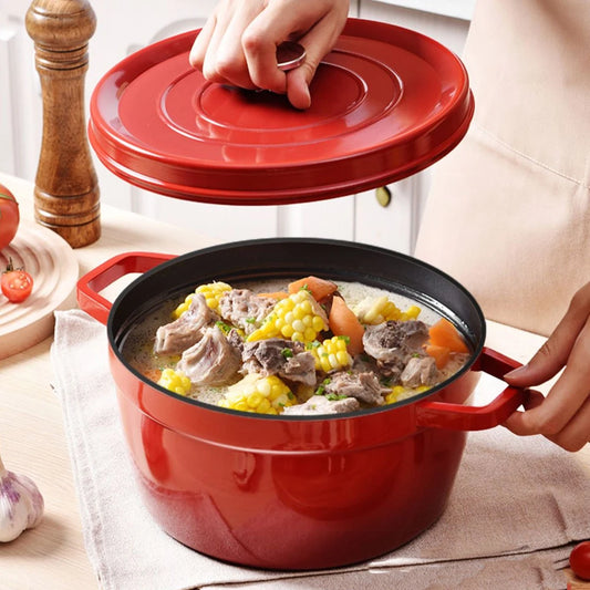 Cast Iron Enamel-Coated Dutch Oven with Lid & Side Handles – Heavy-Duty Cooking Pot for Simmering Soups, Braising, Roasting, Baking, Stews, Curries & One-Pot Meals – Oven, Induction & Gas Compatible – Red (24cm)