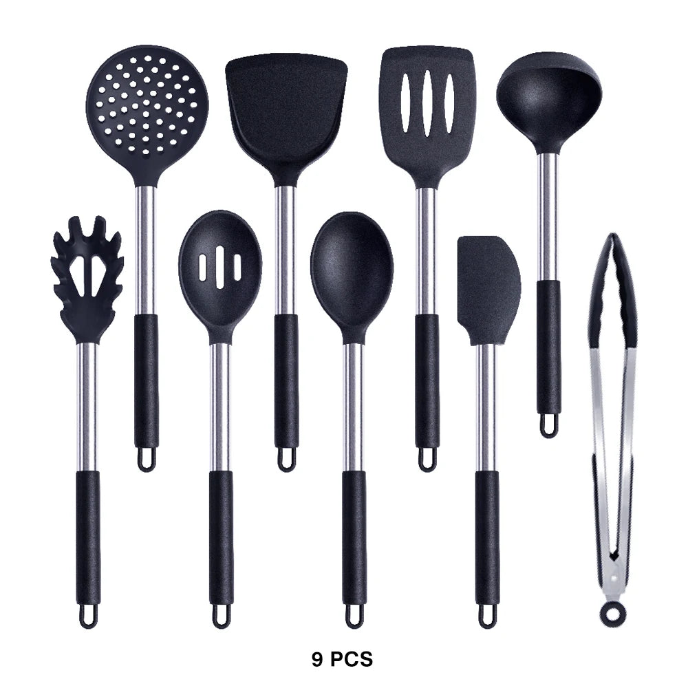 Silicone Kitchen Utensils Set with Stainless Steel Handles – Non-Stick Safe, Heat Resistant | Grey & Black | Available in 5 to 15-Piece Sets