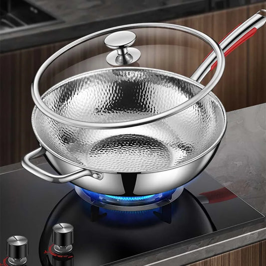 Stainless Steel Hammer-Patterned Wok with Glass Lid – Features Titanium Round-Bottom with Long Hook Handle & Side Helper Handle – Uncoated Tri-Layer Construction for Even Heat Distribution