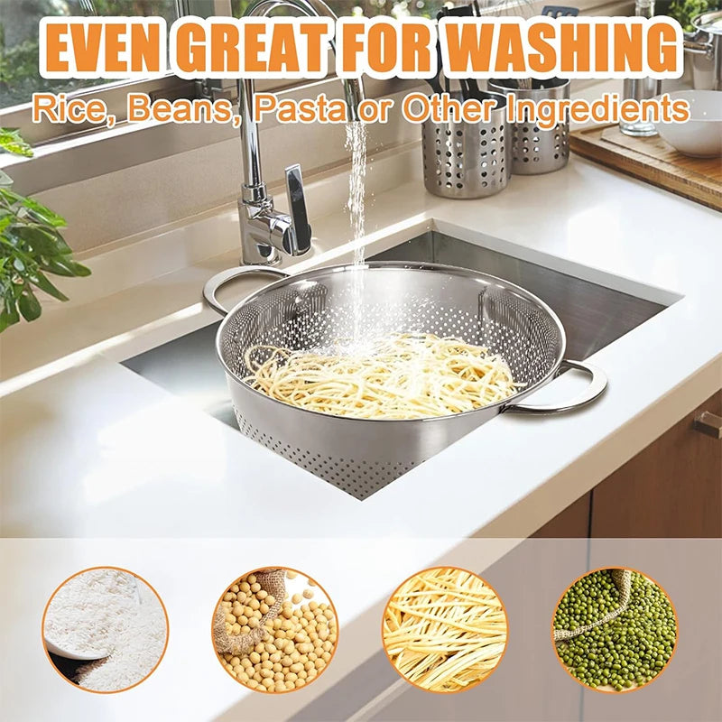 304 Stainless Steel Colander with Handles – Pasta Strainer Bowl – Ideal for Draining Pasta, Spaghetti, Vegetables & Fruit – Available in Small, Medium & Large