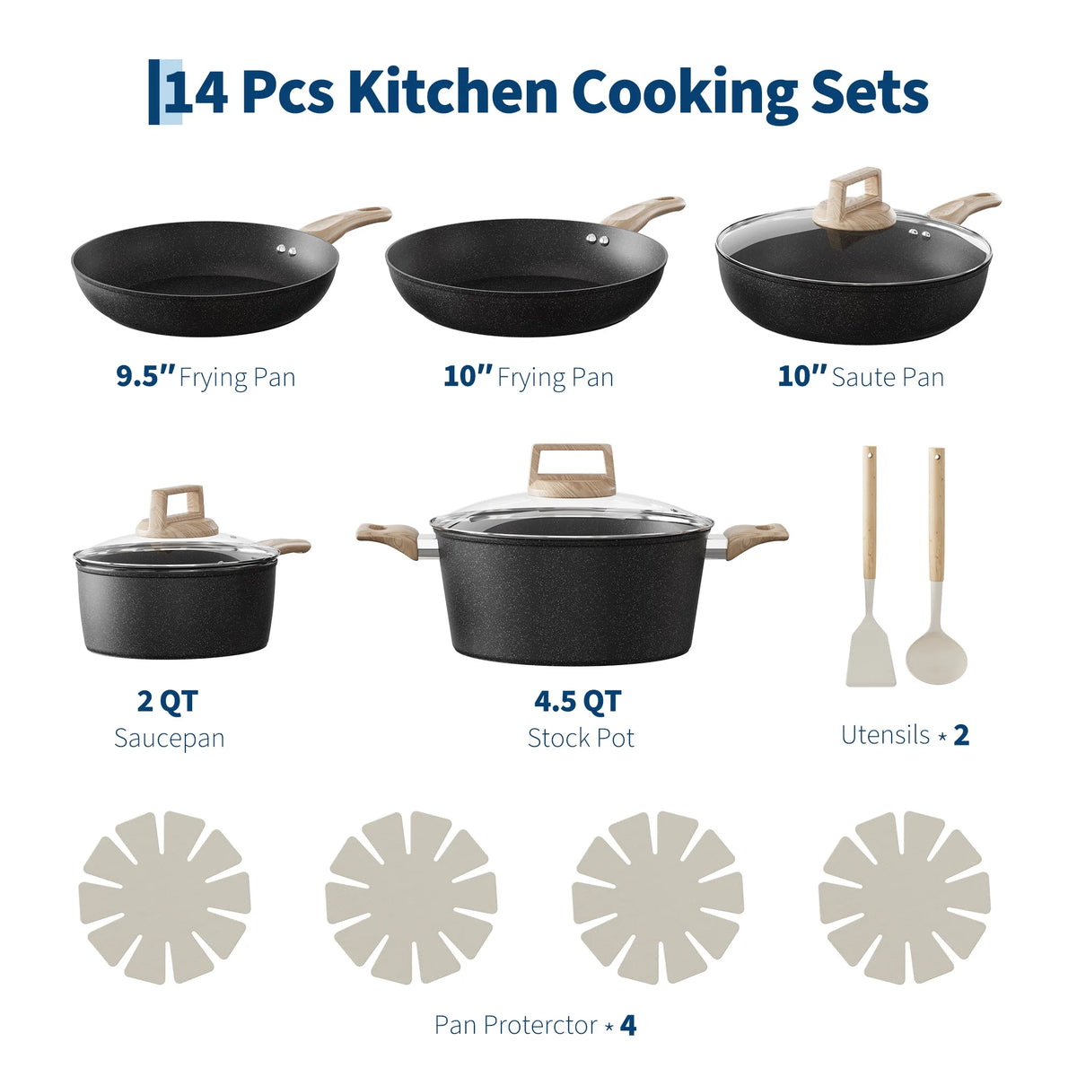 Ceramic Non-Stick Cookware Set 14 Piece with Woodgrain Handles – Induction Frying Pans, Sauté Pan, Saucepan & Stock Pot – Best for First Homes & Family Kitchens