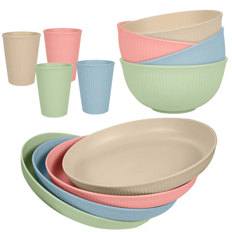 12 Piece Wheat Straw Dinnerware Set – Reusable Unbreakable Plates & Bowls – Perfect for Family Meals, Picnics & Camping