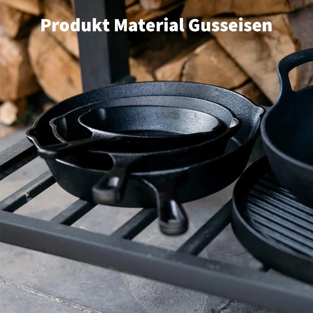 3 Piece Cast Iron Frying Pan Set with Pour Spouts – 16cm, 20cm & 26cm Skillets with Oil Brush & Glove – Ideal for Eggs, Steaks & Pancakes