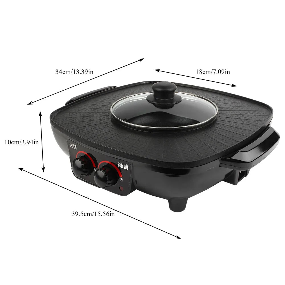 2-in-1 Electric Hot Pot & BBQ Grill – 1360W Smokeless Non-Stick Grill Pan with Dual Temperature Control – Perfect for Hot Pot Nights & Indoor Parties