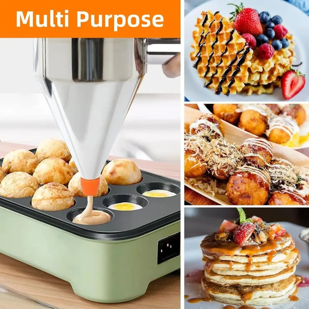 Pancake & Cupcake Batter Dispenser with Stand – 4 Nozzle Stainless Steel Funnel with Thumb Lever – Perfect for Muffins, Crepes & Waffles