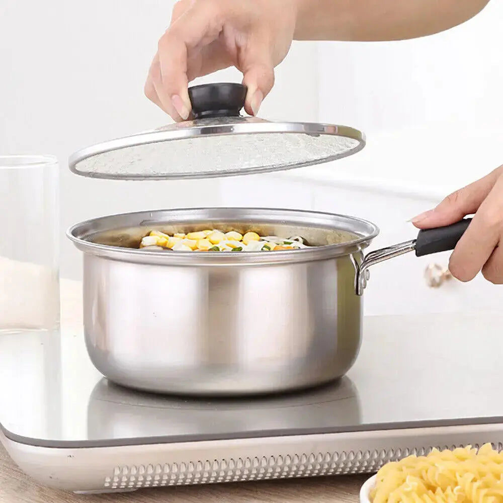 3-Piece Stainless Steel Saucepan Set with Glass Lids – Includes 16cm, 18cm, & 20cm Pans – Ideal for Boiling, Simmering, Heating & Everyday Cooking – Compatible with Induction, Gas, and Electric Hobs