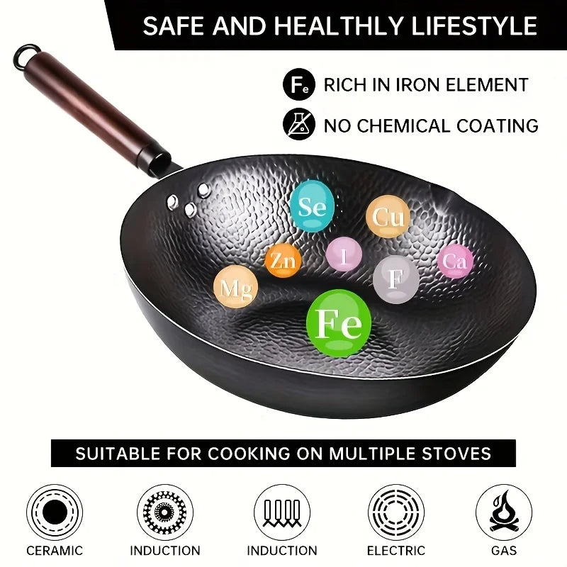 Traditional Iron Wok with Wooden Lid – Uncoated Metal Spatula Safe Stir-Fry Wok – Great for High-Heat Stir-Fries on Gas & Induction (32cm)