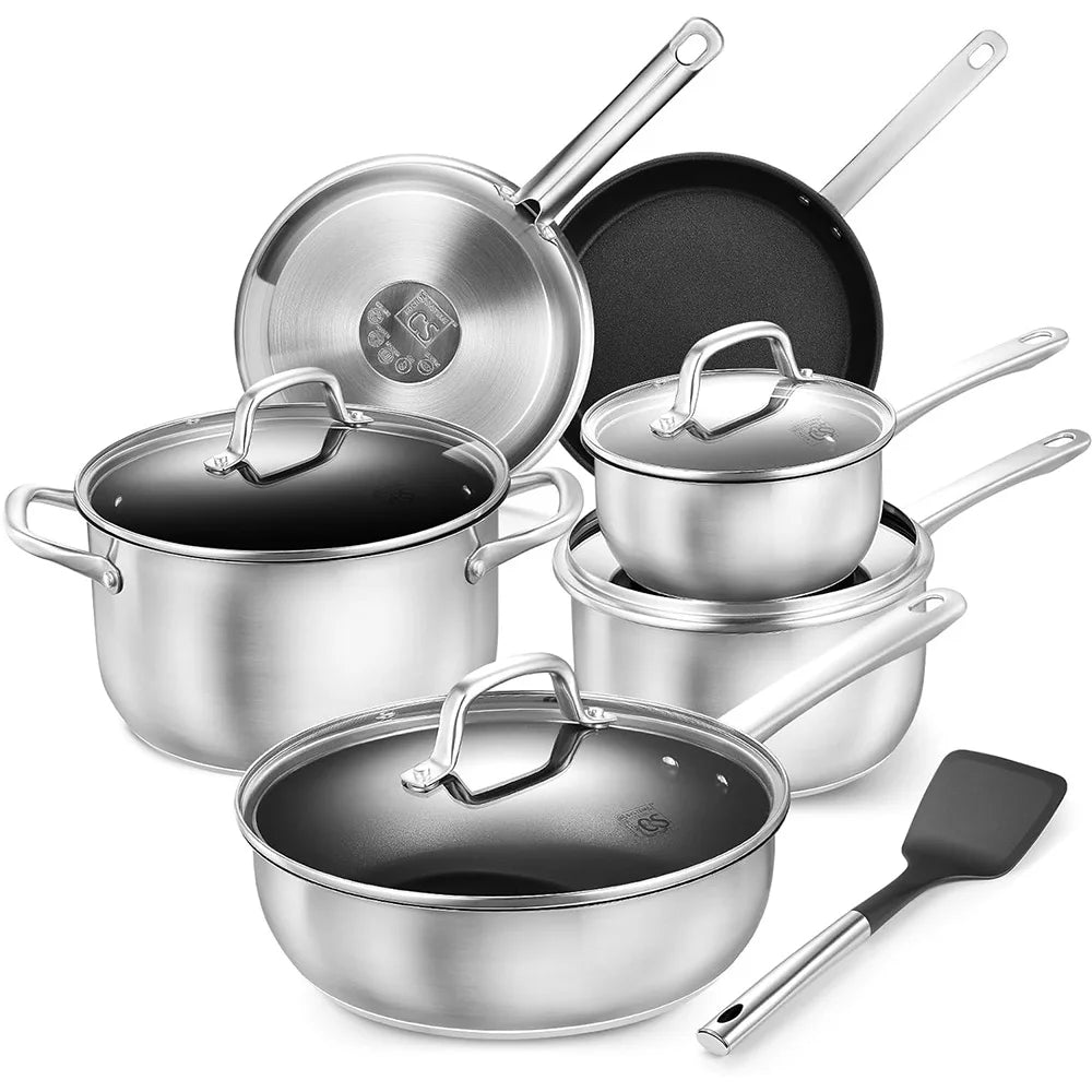 10 Piece Stainless Steel Pots & Pans Set with Non-Stick Interior – Saucepans, Casserole & Frying Pans with Glass Lids – Great for Induction & Everyday Cooking United Kingdom 10Pcs