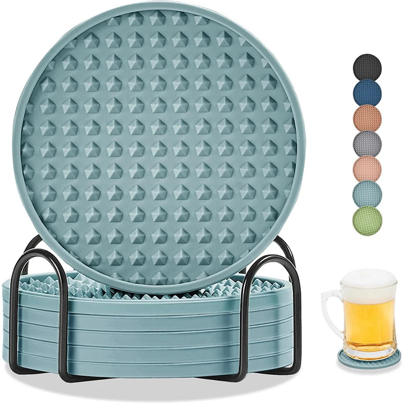 6 Pack Silicone Drink Coasters with Holder – Heat Resistant Non-Slip Cup Mats – Ideal for Protecting Tables & Worktops – Available in Black, Brown, Grey, Green, Blue & Sky Blue Colours