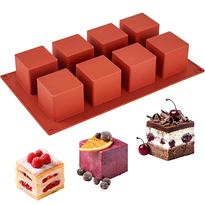 8 Cavity Silicone Cube Cake Mould – 3D Square Mousse & Dessert Mould – Ideal for Brownie Bites, Mousse Cakes & Chocolates