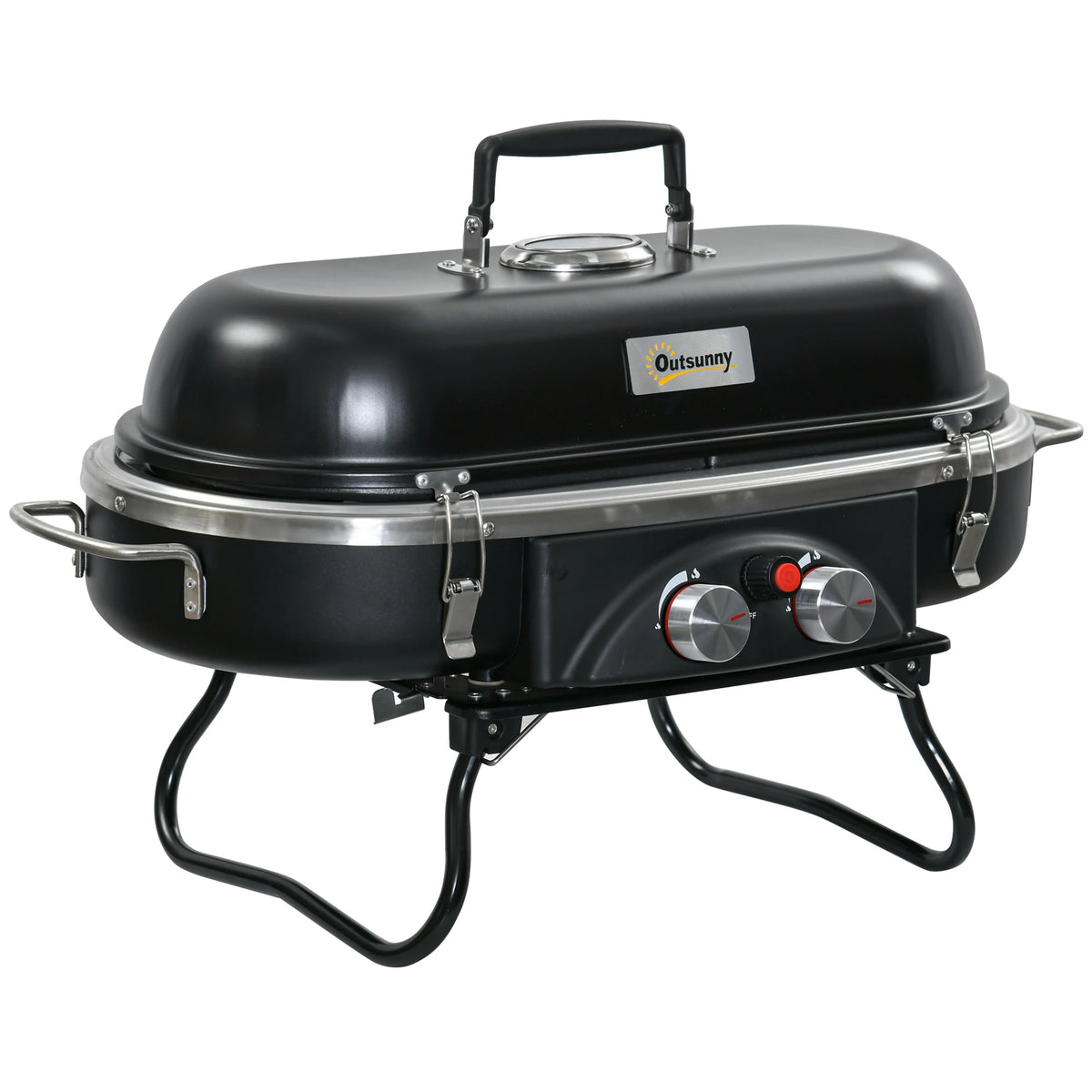 Portable 2 Burner Gas BBQ Grill with Lid & Thermometer – Foldable Camping Gas Barbecue with Piezo Ignition – Great for Picnics, Festivals & Garden