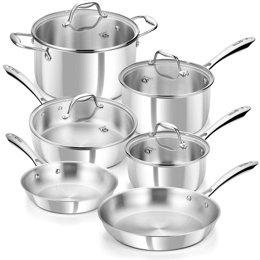 10 Piece Tri-Ply Stainless Steel Cookware Set with Lids – Saucepans, Deep Frying Pan, Casserole & Skillets – Best for Induction & Family Cooking