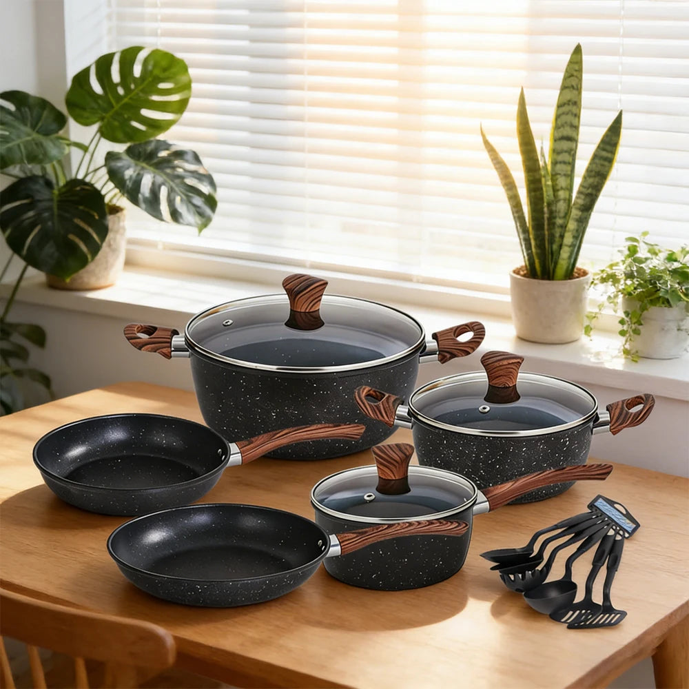 14 Piece Non-Stick Pots & Pans Set with Silicone Utensils – Maifan Stone Wok, Soup Pot & Frying Pan – Ideal for Home & Family Cooking