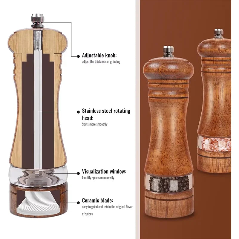 Classic Oak Wood Salt & Pepper Mill Set – Adjustable Manual Pepper Grinder & Salt Grinder with Ceramic Core – Best for the Kitchen & Dining Table