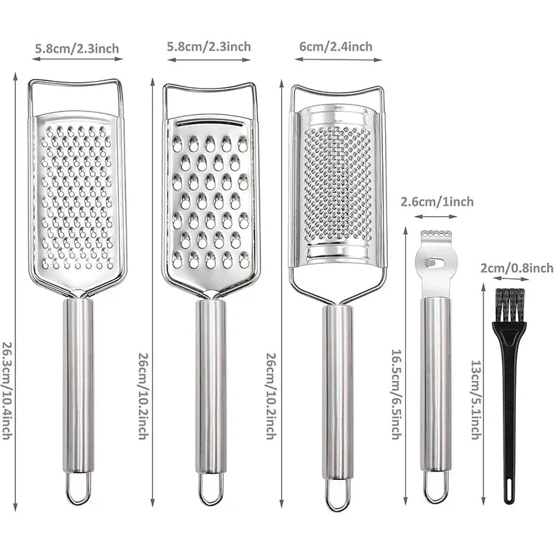 5-Piece Stainless Steel Kitchen Grater & Zester Set with Cleaning Brush – Includes Fine, Medium & Coarse Graters, Lemon Rind Remover / Citrus Peeler – Ideal for Cheese, Vegetables, Chocolate, Citrus & Daily Cooking Tasks