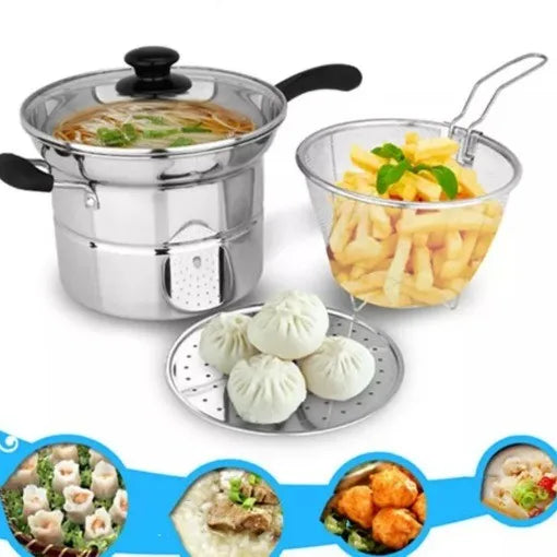 4 Piece Stainless Steel Chip Pan Set – Deep Fat Fryer Pot with Frying Basket, Steamer Rack & Lid – Perfect for Chips, Noodles & Soup