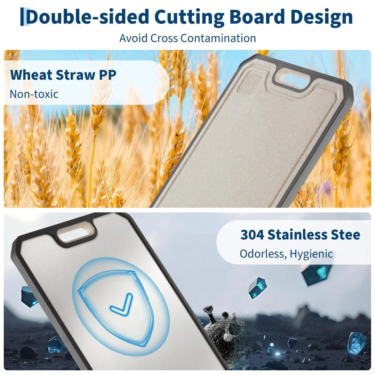 Titanium & Wheat Straw Chopping Board Set of 2 – Reversible Double-Sided Cutting Boards with Juice Grooves – Perfect for Raw Meat & Fruit (38 x 25cm)