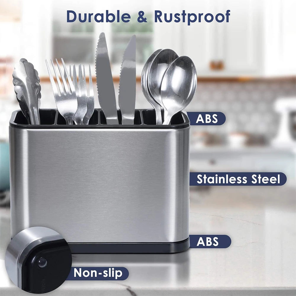 Stainless Steel Cutlery Caddy with 4 Compartments – Utensil Drying Rack & Flatware Holder – Great for Kitchen Worktops & Dining Tables