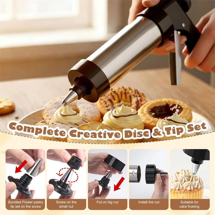 3-in-1 Stainless Steel Churro Maker & Cookie Press Kit – Spritz Biscuit Gun with Moulds – Great for Churros, Biscuits & Piped Desserts