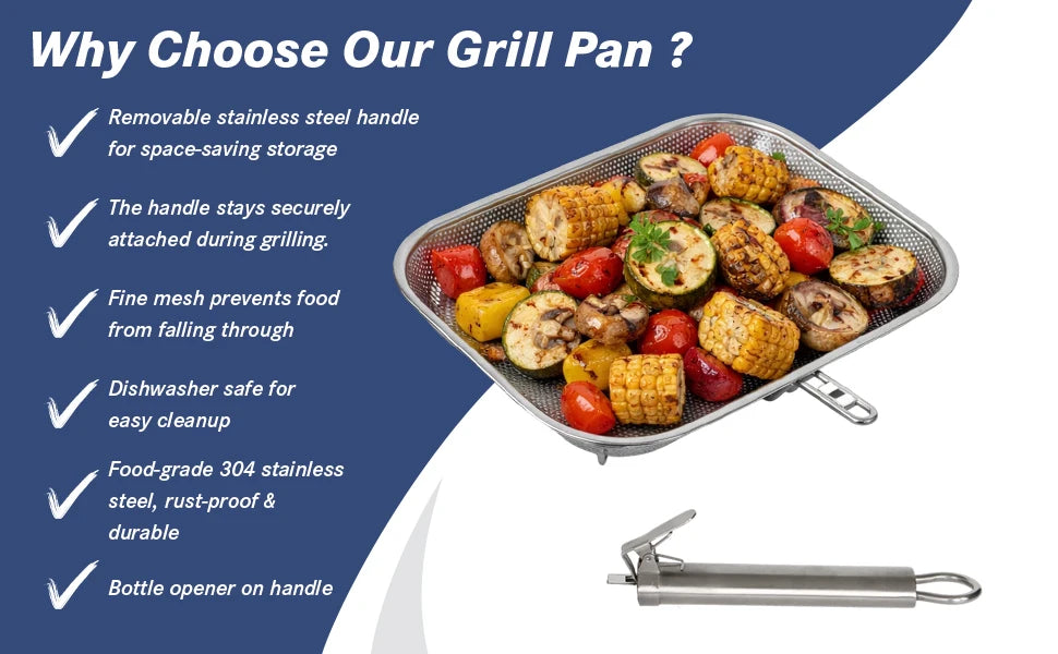 Perforated Stainless Steel Grill Basket with Detachable Handle – Rectangular BBQ Tray for Grilling Vegetables, Fish, and Meat, Ideal for Outdoor Cooking, Food-Grade Stainless Steel, Anti-Rust, Multi-Use, Easy Cleaning