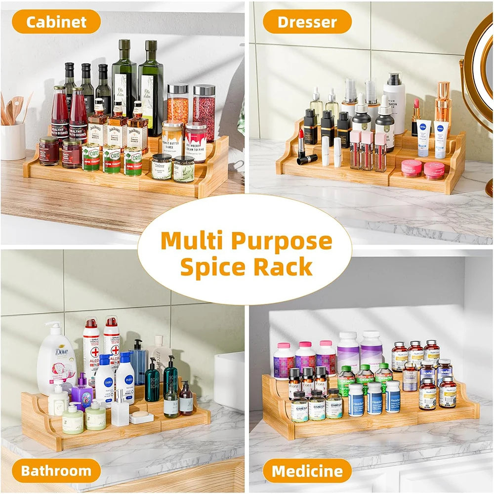 3 Tier Expandable Bamboo Spice Rack – Cabinet Spice Shelf & Seasoning Organiser Stand – Perfect for Kitchen Cupboards & Worktops