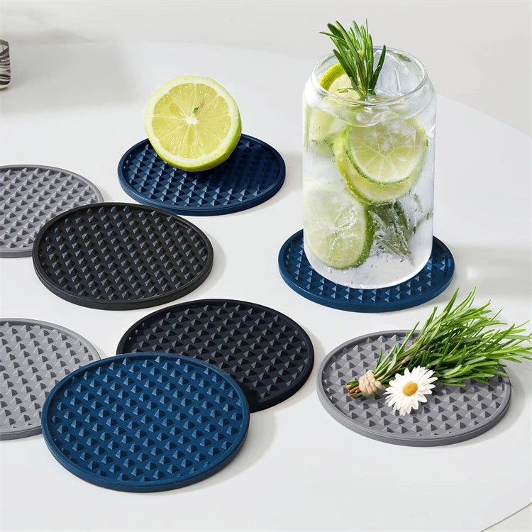 6 Pack Silicone Drink Coasters with Holder – Heat Resistant Non-Slip Cup Mats – Ideal for Protecting Tables & Worktops – Available in Black, Brown, Grey, Green, Blue & Sky Blue Colours