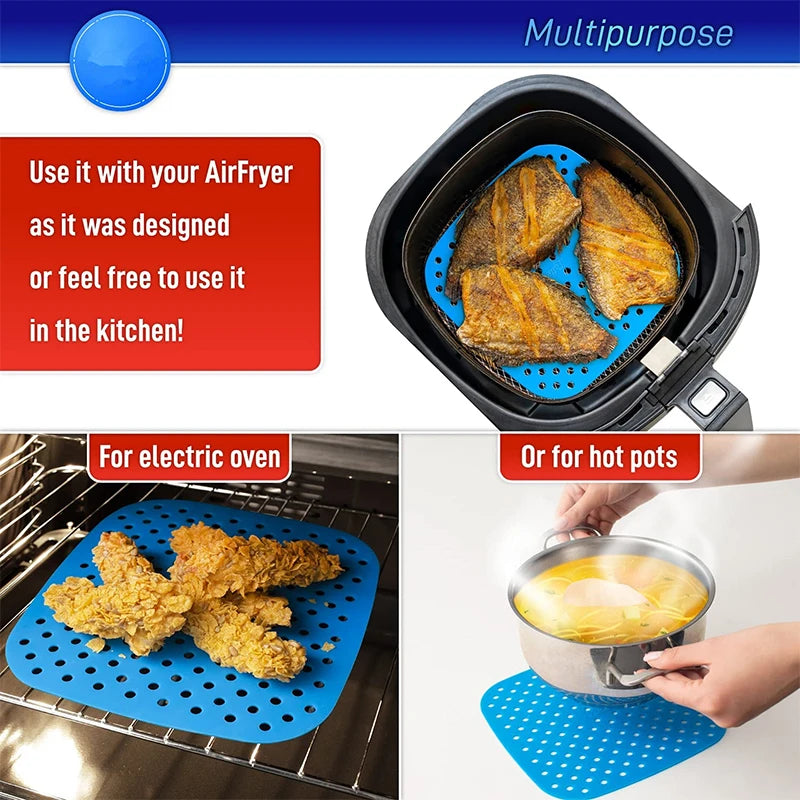 3 Piece Reusable Silicone Air Fryer Liners – 8.5 Inch Square Non-Stick Air Fryer Mats – Perfect for Air Frying & Steaming