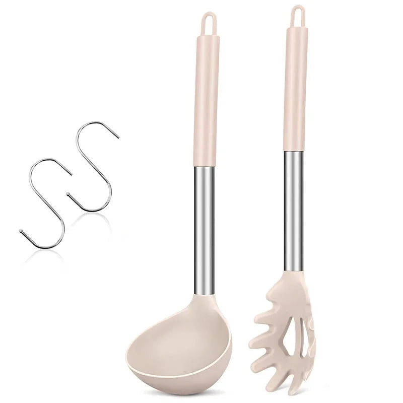 Silicone Pasta Fork & Ladle Spoon Set Khaki
